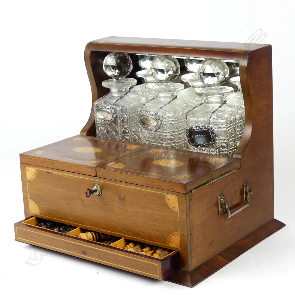 An Edwardian Sheraton revival mahogany games tantalus Image 1++
