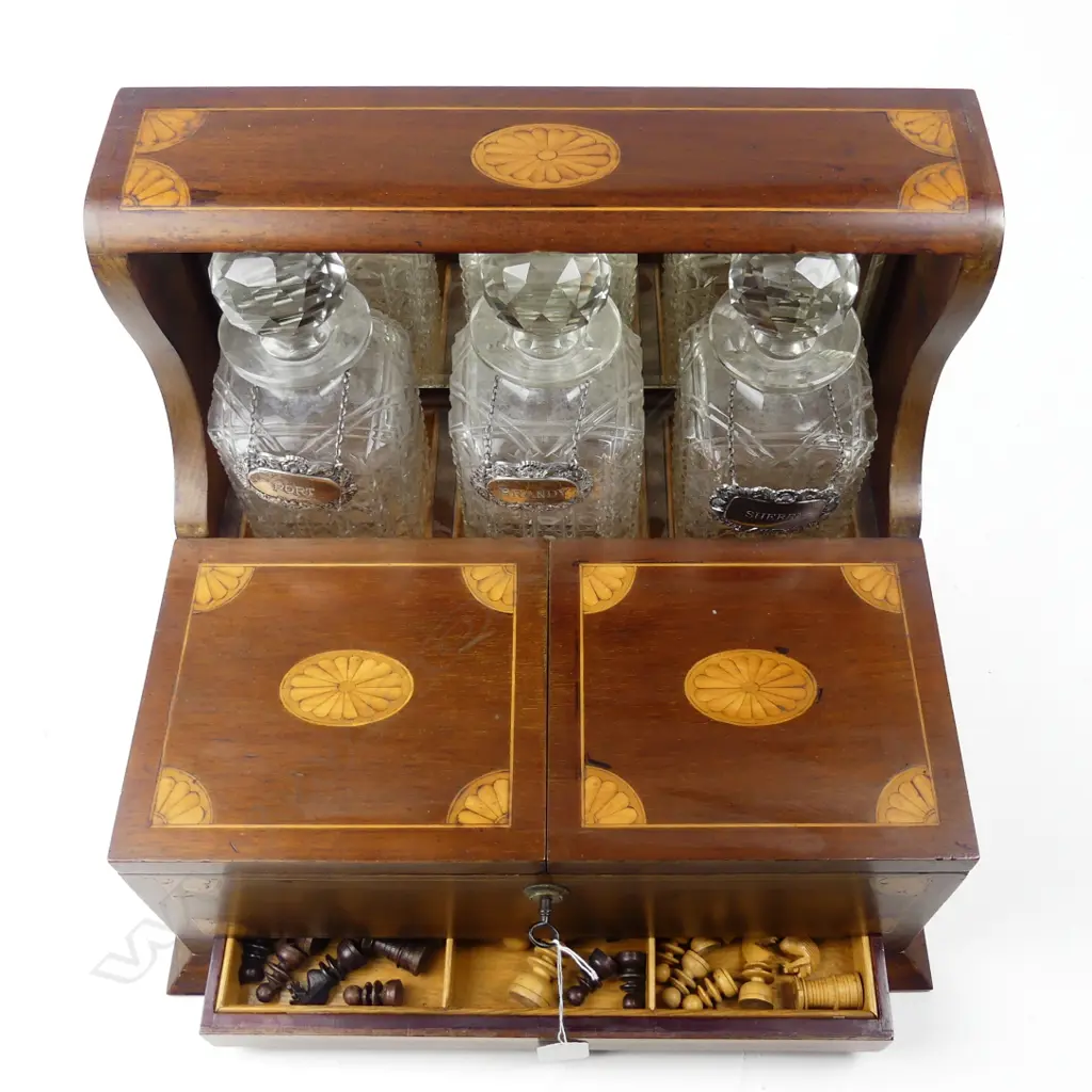 An Edwardian Sheraton revival mahogany games tantalus Image 1++