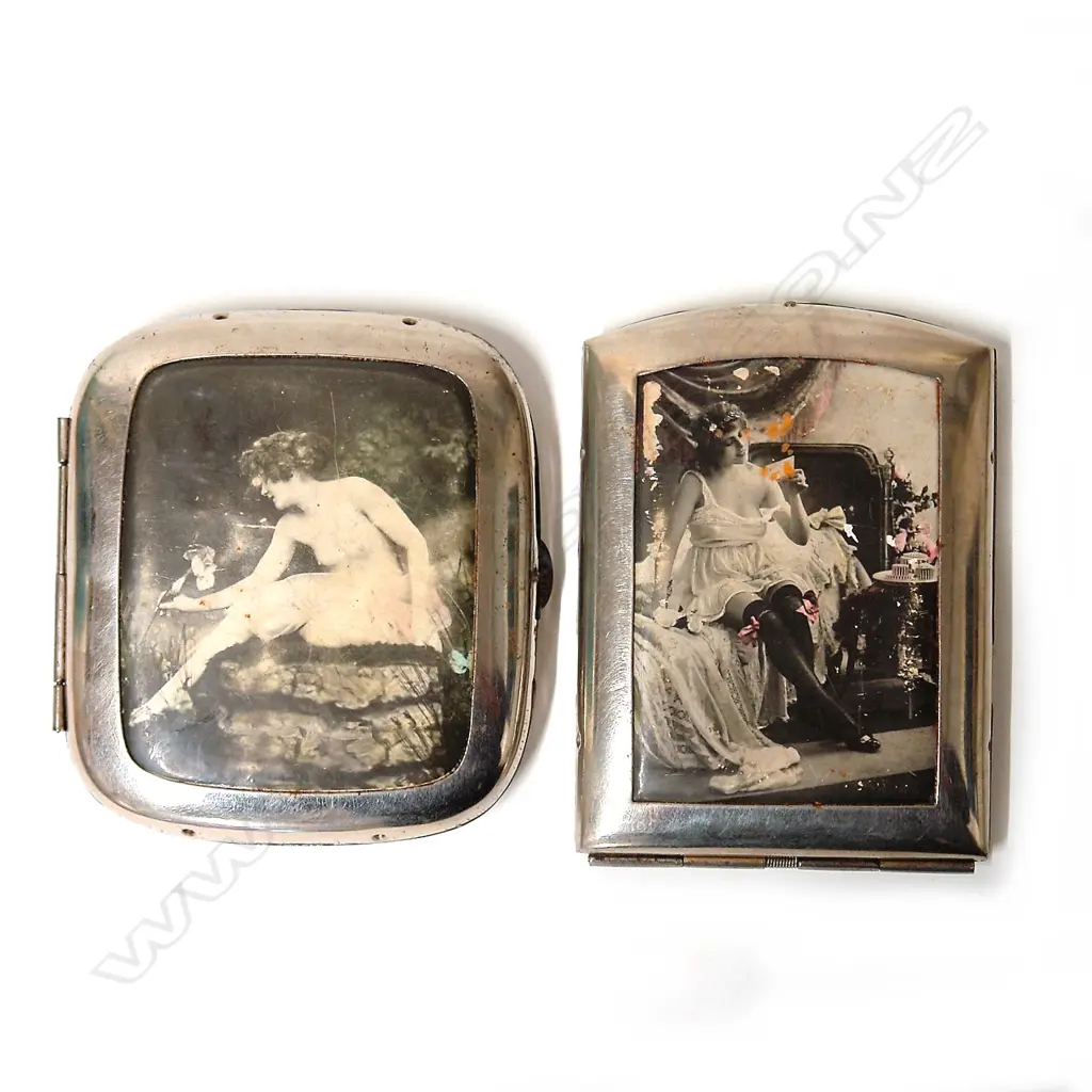 Two Art Deco chrome and risqué printed panel cigarette cases Image 1++