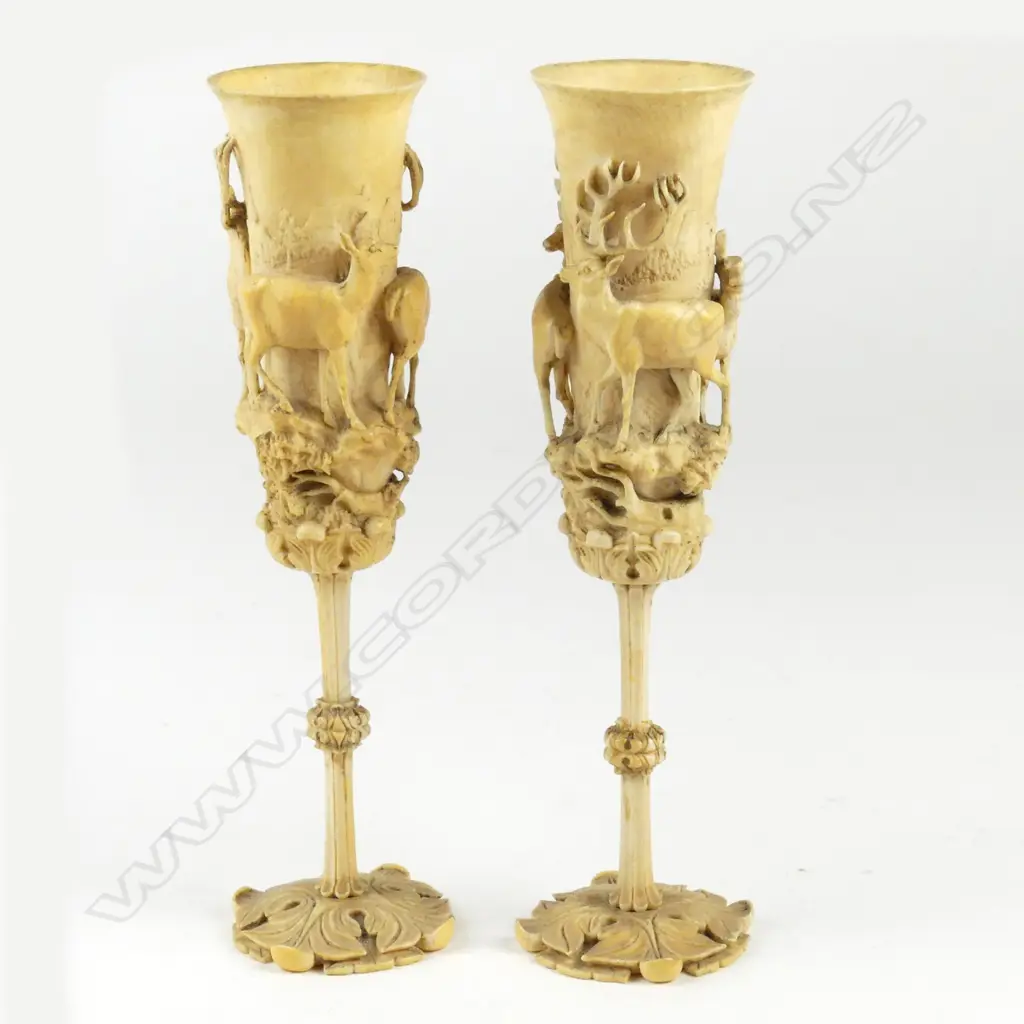 A pair of 19thC German carved ivory wine flutes Image 1++