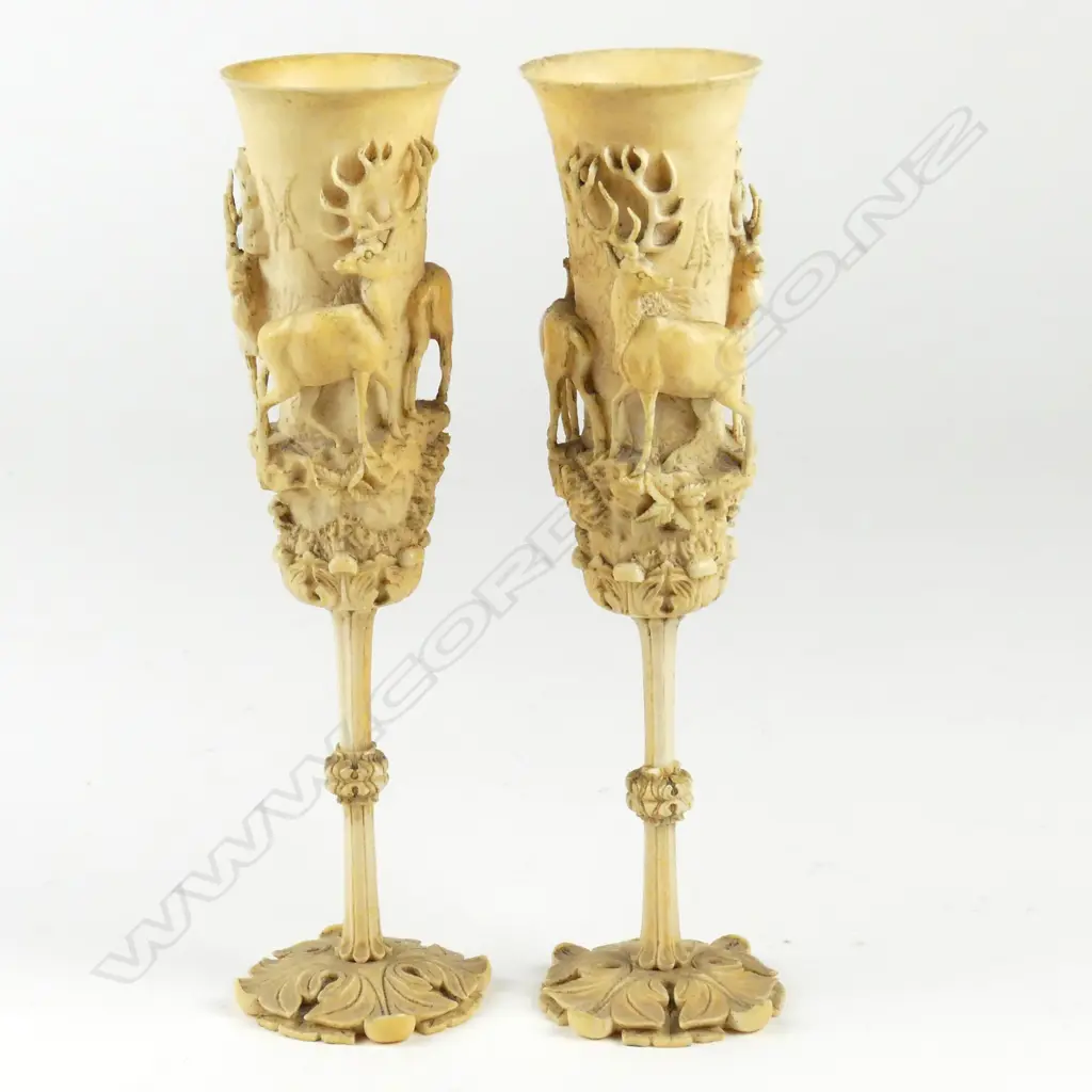 A pair of 19thC German carved ivory wine flutes Image 1++