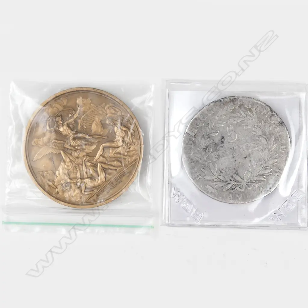 French 5 francs coin and Napoleon bronze Battle of Jenna medallion 1805 Image 1++