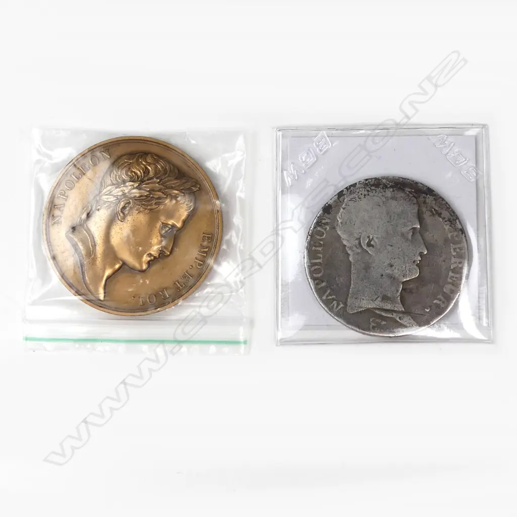 French 5 francs coin and Napoleon bronze Battle of Jenna medallion 1805 Image 1++
