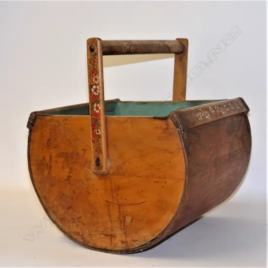 Jane Brenkley poker work and painted N.Z themed wooden basket