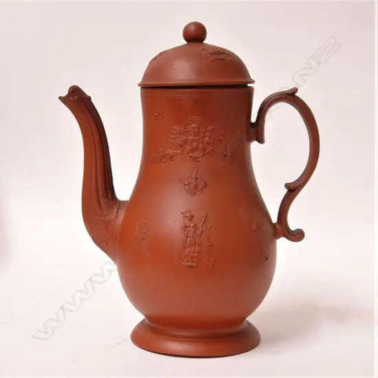An 18thC early George III redware lidded coffee pot