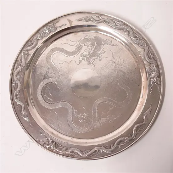 A c.1900 Chinese silver dragon decorated salver