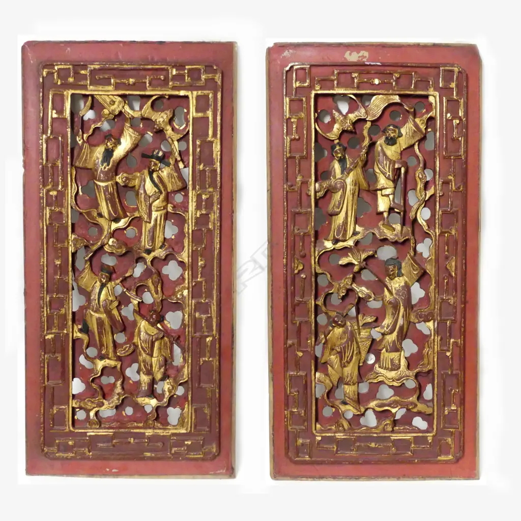 A pair of old Chinese carved and red lacquered panels Image 1++