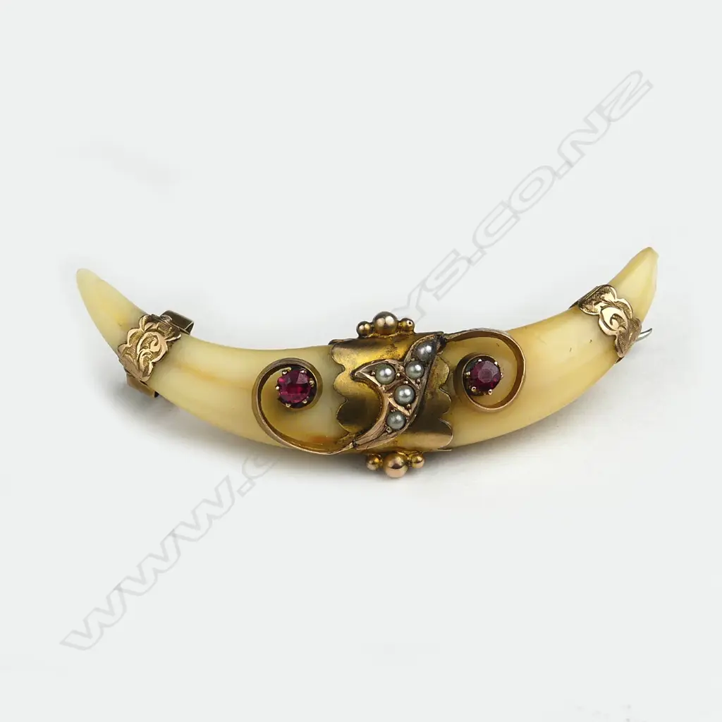 A George E Whitmore N.Z. colonial 9ct. yellow gold double small tusk brooch Image 1++