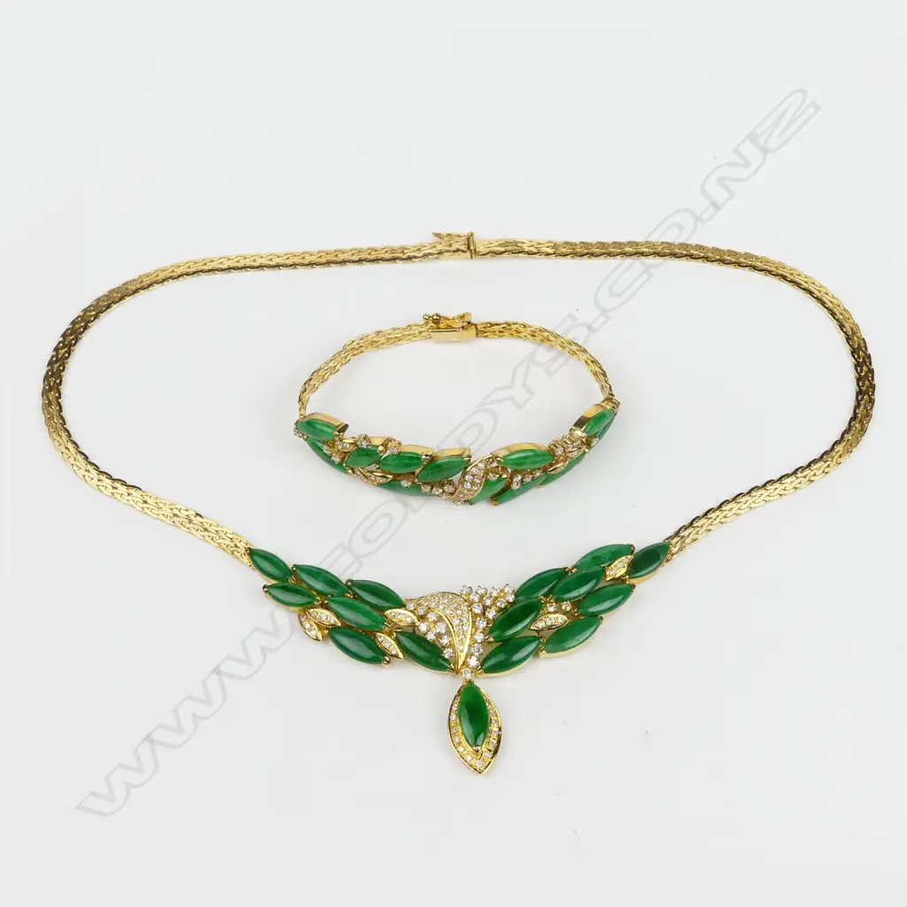 A contemporary 14ct gold jadeite and diamond necklet and bracelet set Image 1++