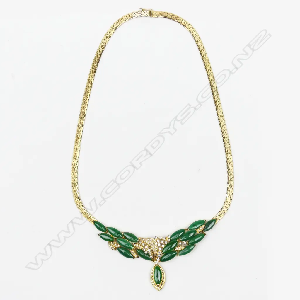 A contemporary 14ct gold jadeite and diamond necklet and bracelet set Image 1++