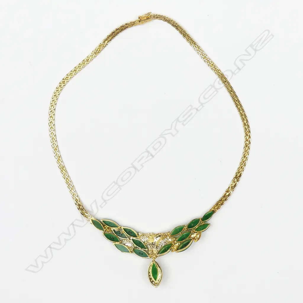 A contemporary 14ct gold jadeite and diamond necklet and bracelet set Image 1++