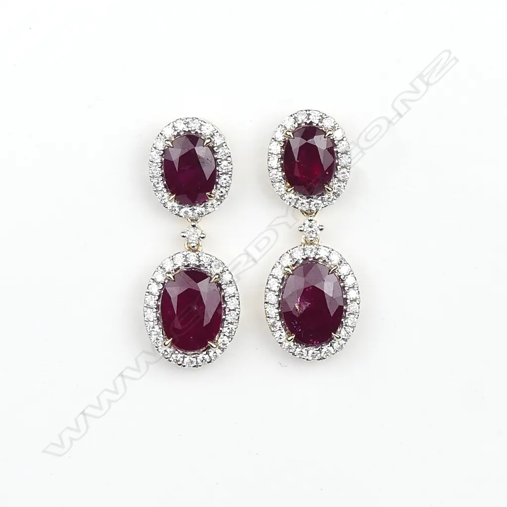 A pair of 14ct gold ruby and diamond drop earrings Image 1++