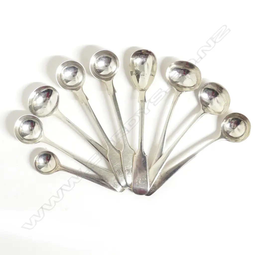 Nine various early and mid-19thC silver condiment spoons Image 1++