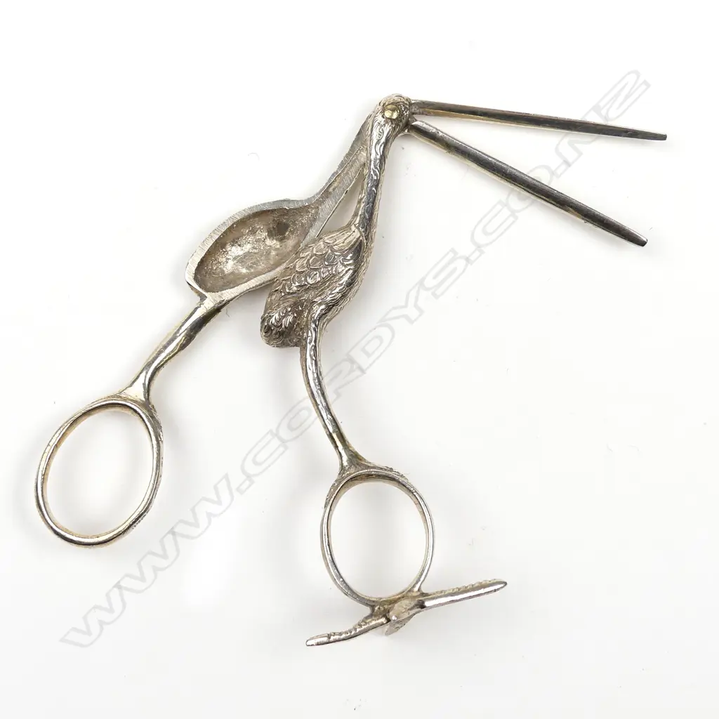 A pair of 19thC cast silver novelty stork figured scissors Image 1++