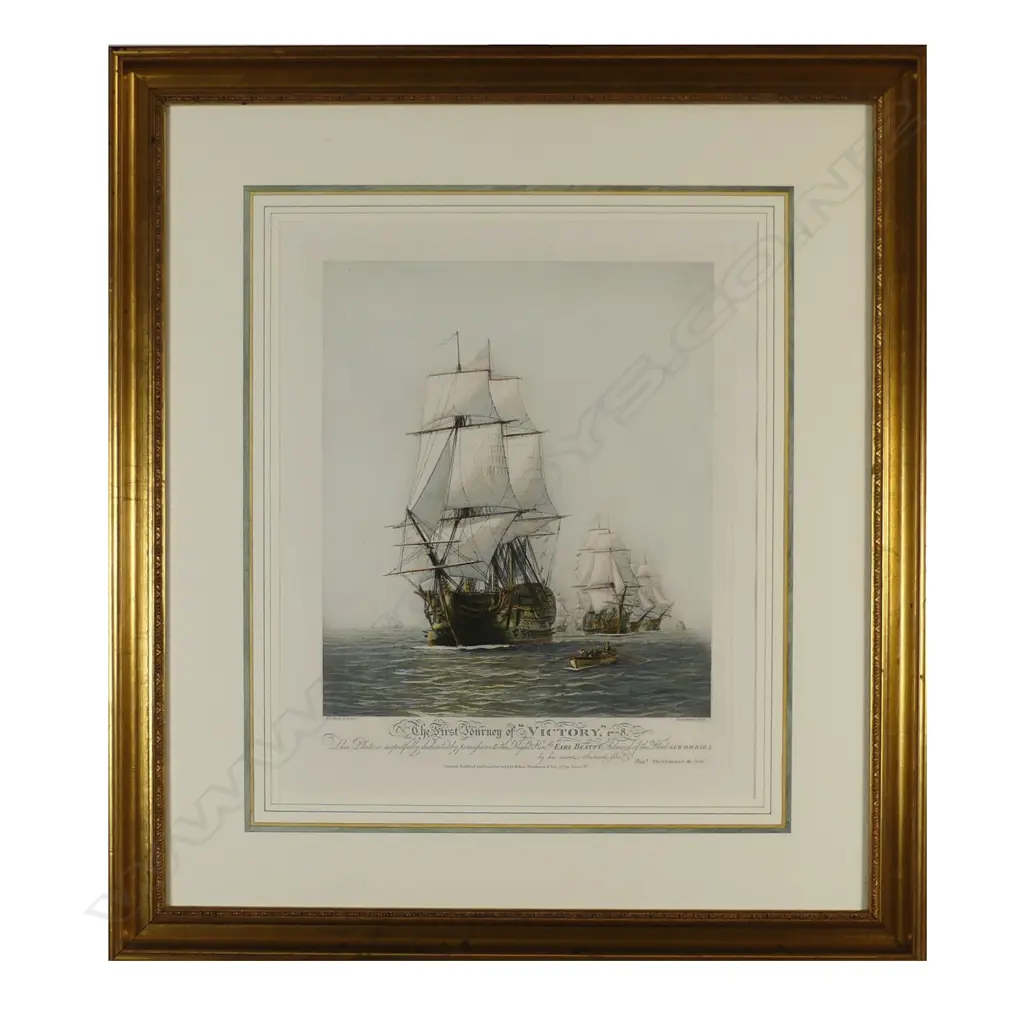 A pair of hand coloured engravings 'The First and Last Journey of HMS Victory' Image 1++