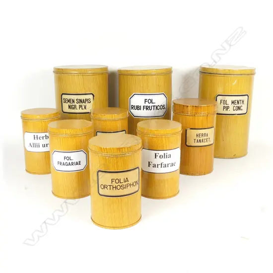 Nine European pharmacy tins