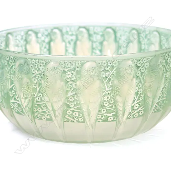 A René Lalique uncommon 'Perruches' green stained bowl