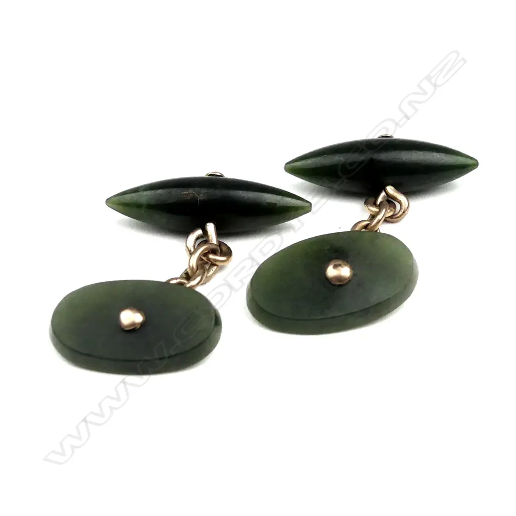 A pair of N.Z. colonial 9ct. rose gold and greenstone cufflinks Image 1++
