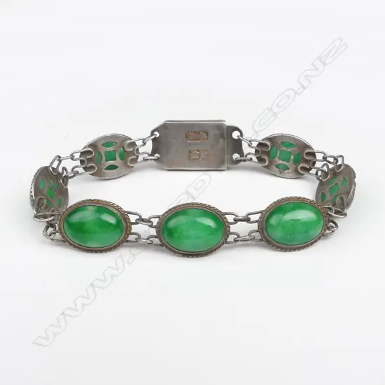 A vintage Chinese silver and chrysoprase bracelet