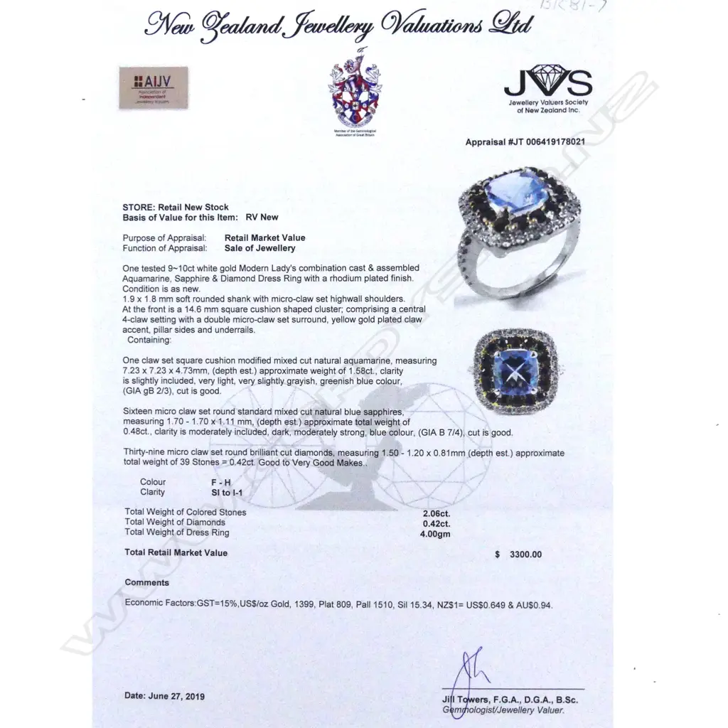 An 18ct white gold aquamarine diamond and sapphire ring Image 1++