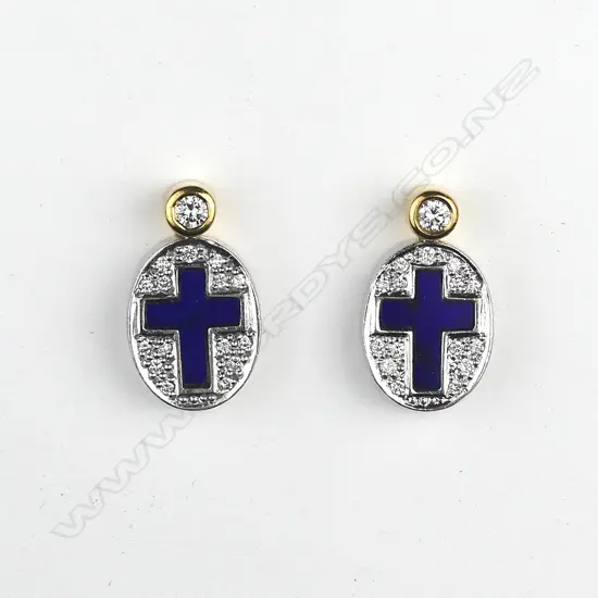 A pair of modern 18ct. yellow and white gold diamond and enamel earrings