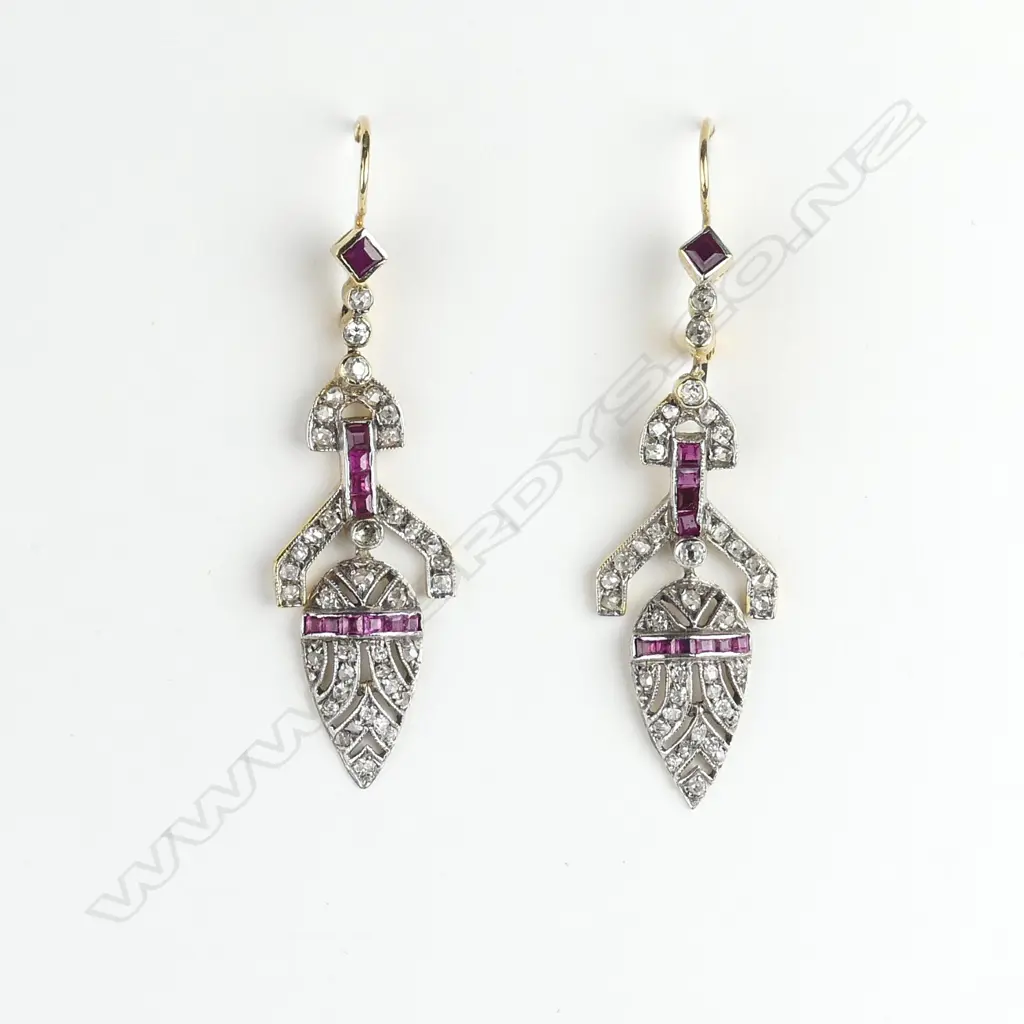 A pair of Art Deco gold diamond and ruby drop earrings Image 1++