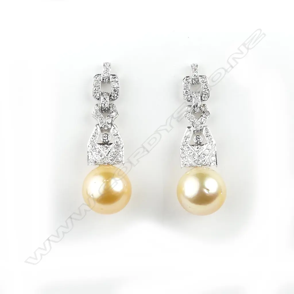 A pair of Art Deco style 14ct white gold diamond and pearl drop earrings Image 1++