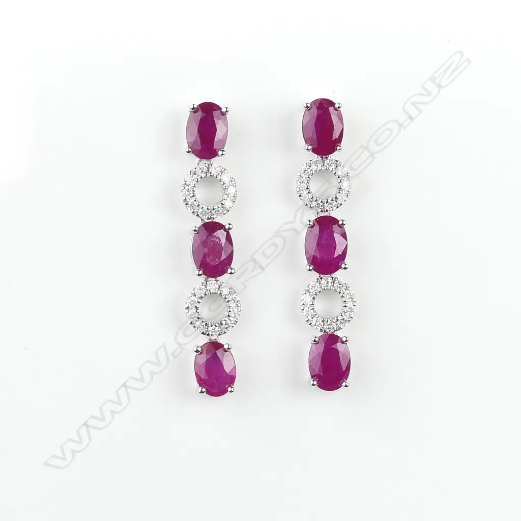 A pair of 14ct gold ruby and diamond drop earrings Image 1++