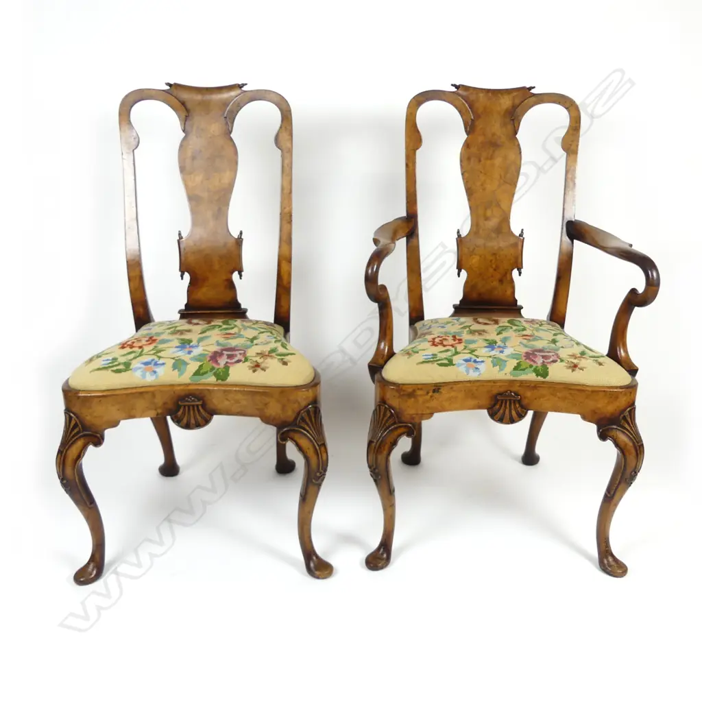 A set of six early 20thC copies of Queen Anne walnut dining chairs Image 1++