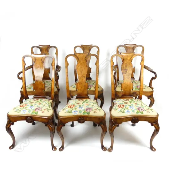A set of six early 20thC copies of Queen Anne walnut dining chairs