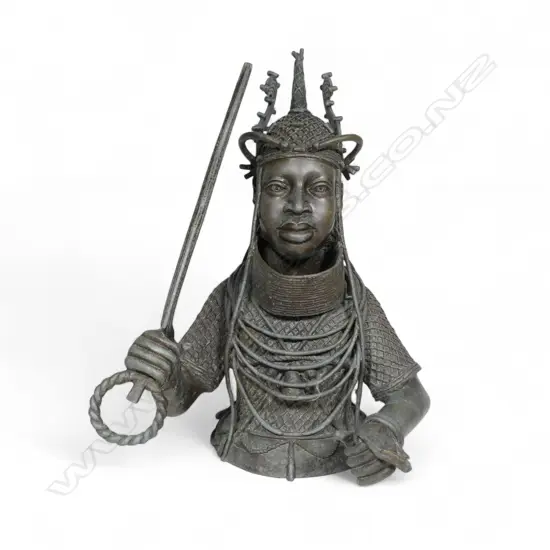 An impressive early 20thC Nigerian Benin bronze bust,