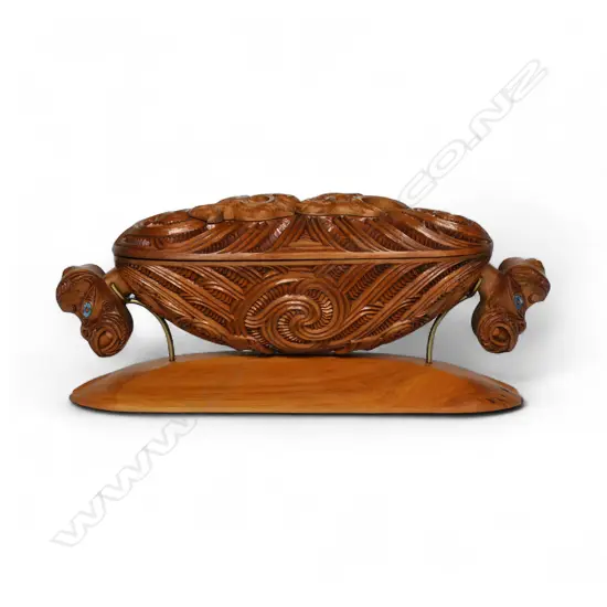 A quality contemporary carved totara wakahuia by Ian-Wayne Reihana Grant (1964-),