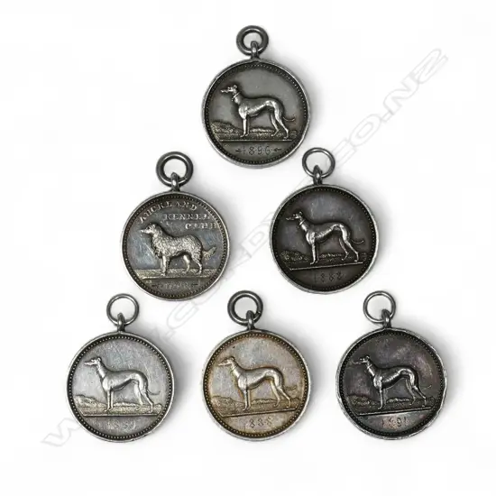 Six (five + one) Anton Teutenberg New Zealand assorted 'Auckland Kennel Club' and 'Poultry Pigeon Cage Bird & Dog Society' silver medals,
