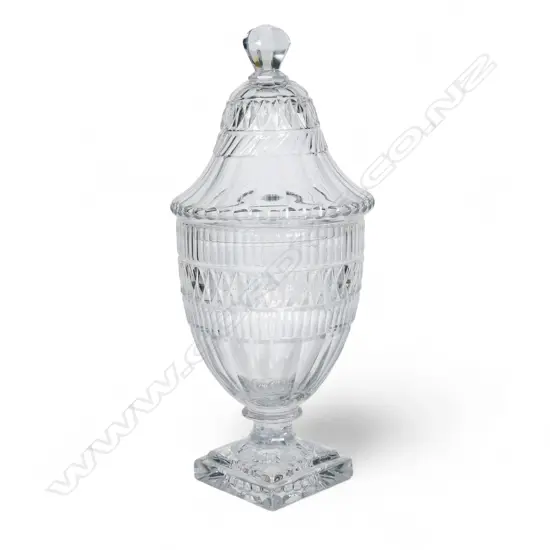 A George III Irish cut glass tall covered urn,