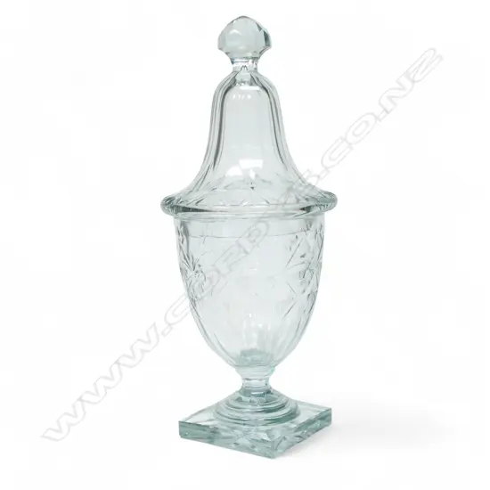 A George III Irish elegant cut glass tall covered urn,