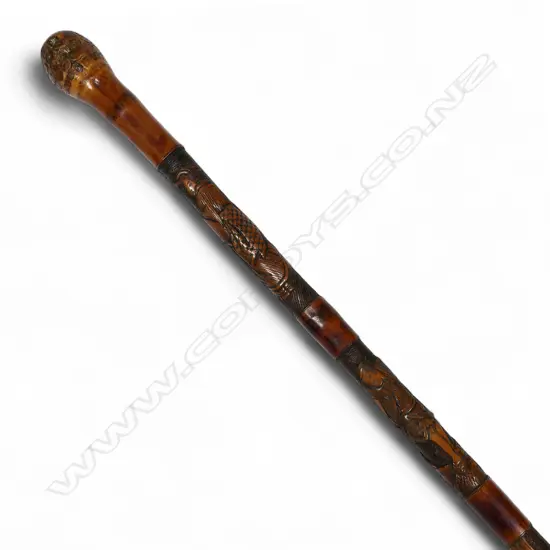 Japanese Meiji carved bamboo walking stick,