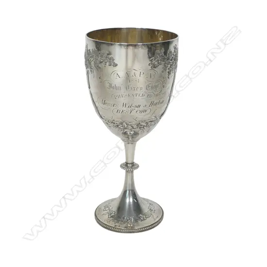The New Zealand historic 'A.A. & P.A. 1881' silver trophy cup for Best Cow, presentation engraved, awarded to John Grey Esq. and presented by 'Messrs. Wilson & Horton'. Engraved and embossed with a cow. London 1879 by Richards & Brown (Edward Charles Brown). H.195mm. 208gms.