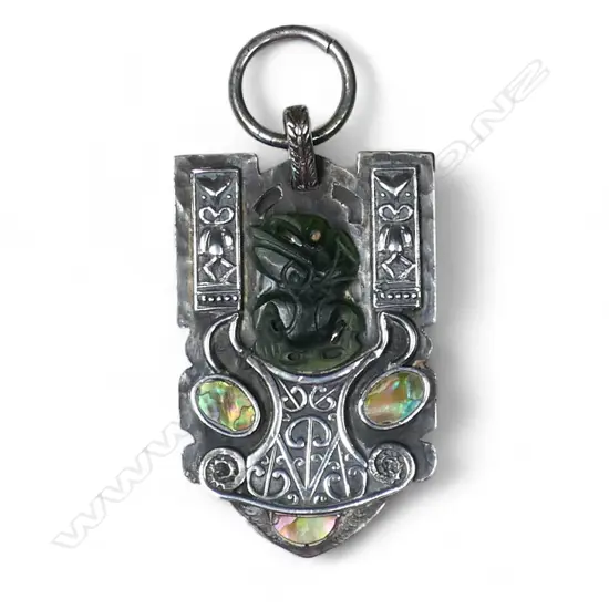 Reuben Watts (1869-1940) N.Z. Arts & Crafts Māori design silver and paua pendant,