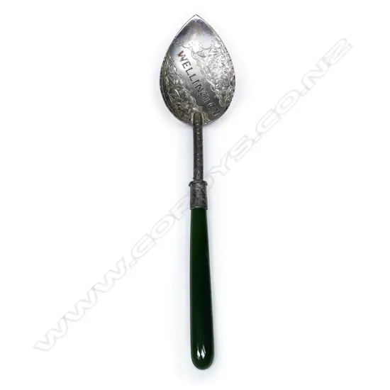 Frank Grady (Wellington) silver and greenstone serving spoon,