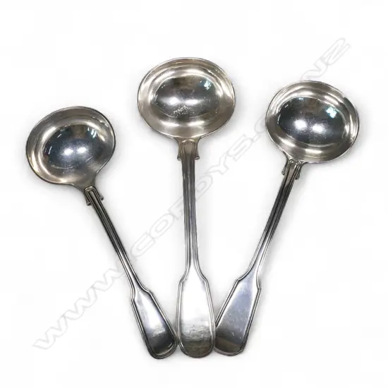 Three silver fiddle & thread sauce ladles,