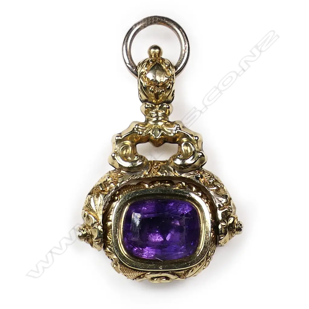 A fancy Victorian 15ct gold and amethyst fob spinner, Image 1++
