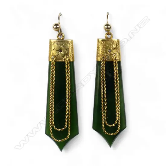 A pair of c.1900 colonial 9ct gold and pounamu earrings,