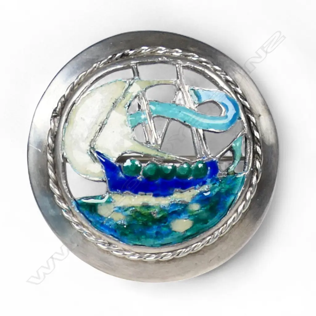 Reuben Watts (NZ 1869-1940) N.Z. Arts & Crafts silver and enamel sailing ship brooch, Image 1++
