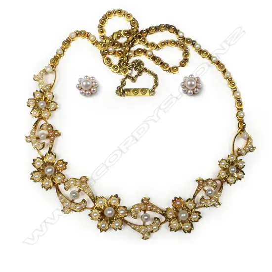 A late Victorian 15ct (or better) gold and seed pearl necklace and earring suite,