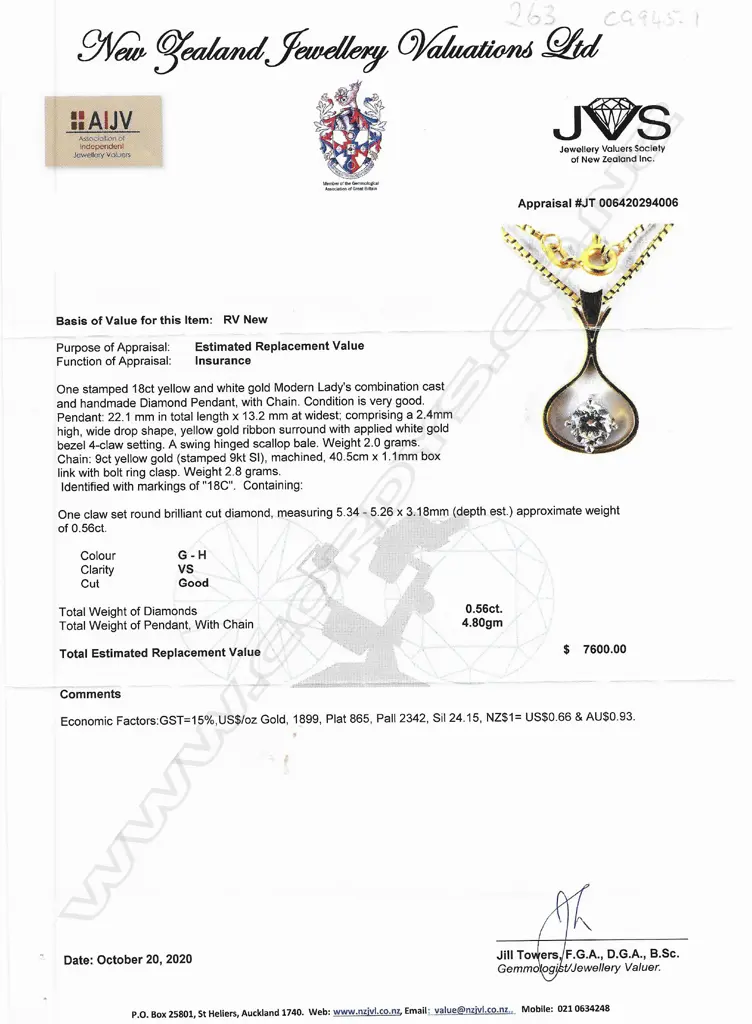 An 18ct gold and diamond pendant a 0.56ct round brilliant cut diamond (Colour G-H, Clarity VS) claw set in white gold to the centre of a wide drop shaped ribbon surround with swing hinged bale. With a fine 9ct gold box link chain. Valuation available. 4.80gms. Image 1++