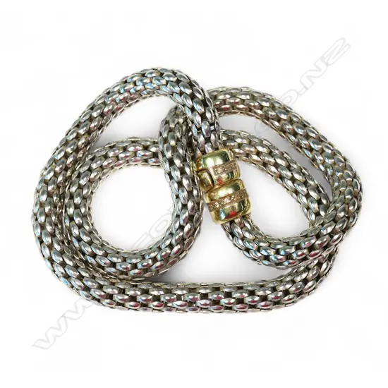 An 14ct white gold round form necklace,