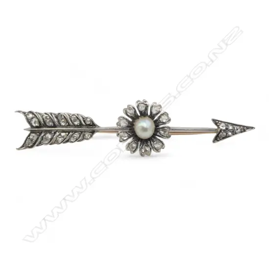 A 19thC 18ct gold diamond and pearl arrow brooch,