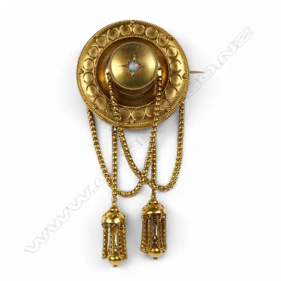 A good Victorian Etruscan style 15ct gold chain and tassel brooch,