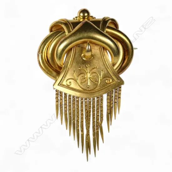 A Victorian Etruscan style 15ct gold tassel brooch,