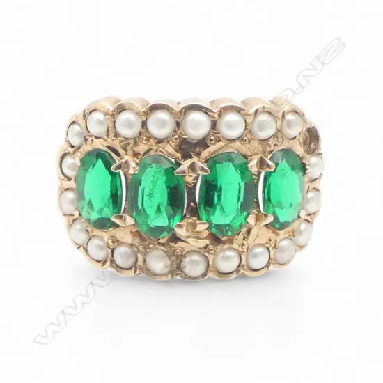 **PLEASE NOTE: THIS DESCRIPTION HAS BEEN ALTERED TO SHOW THAT THIS IS NOT A BERYL & SEED PEARL RING, BUT GREEN GLASS & FAUX-SEED PEARL.
